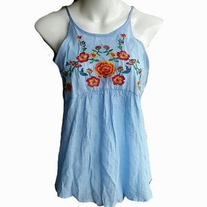E hanger M Floral Embroidered Bohemian Festival Chambray Sleeveless Top Size L